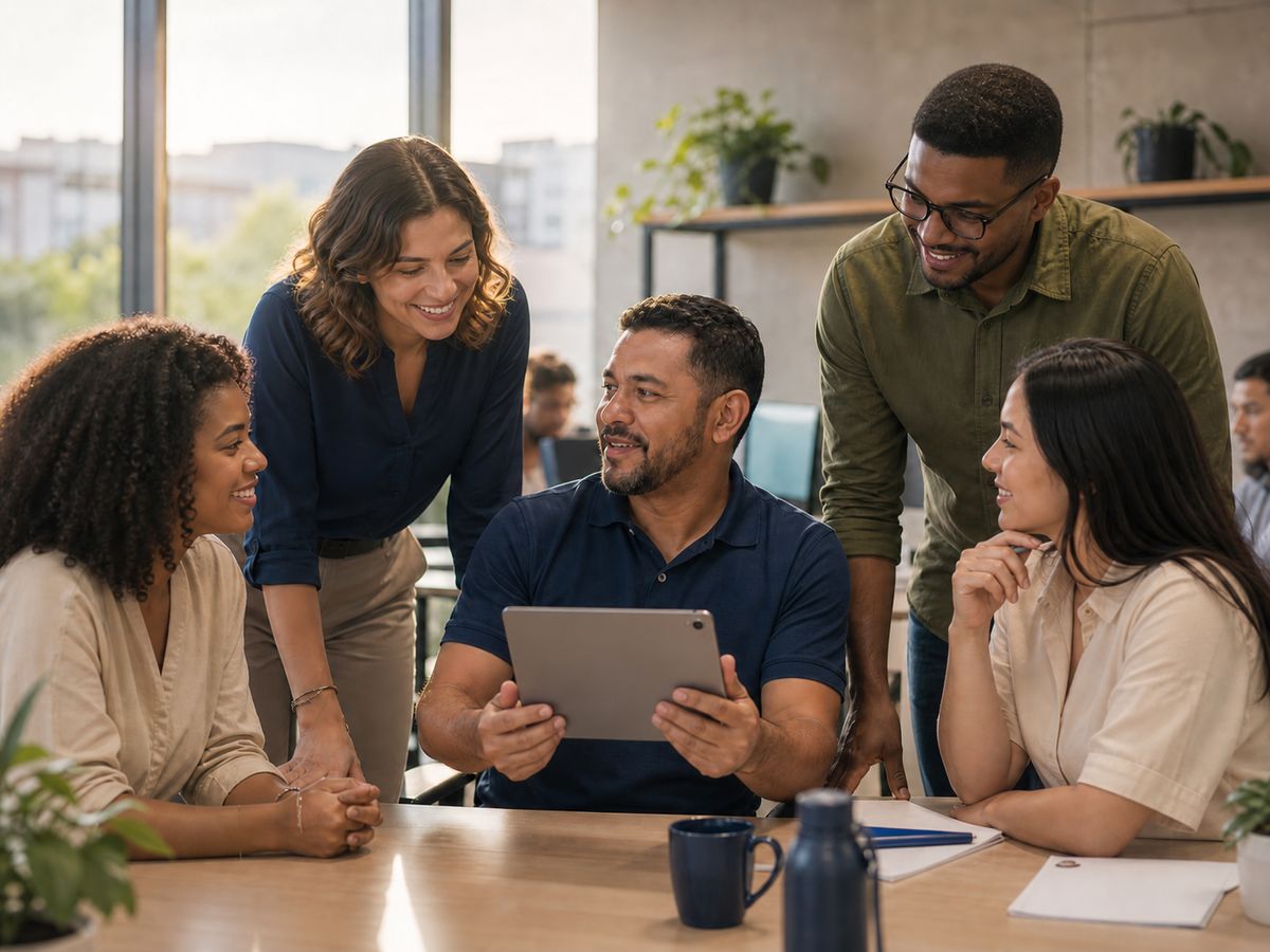 Equipe sorrindo reunida em volta de um colega que segura um tablet, em um escritório