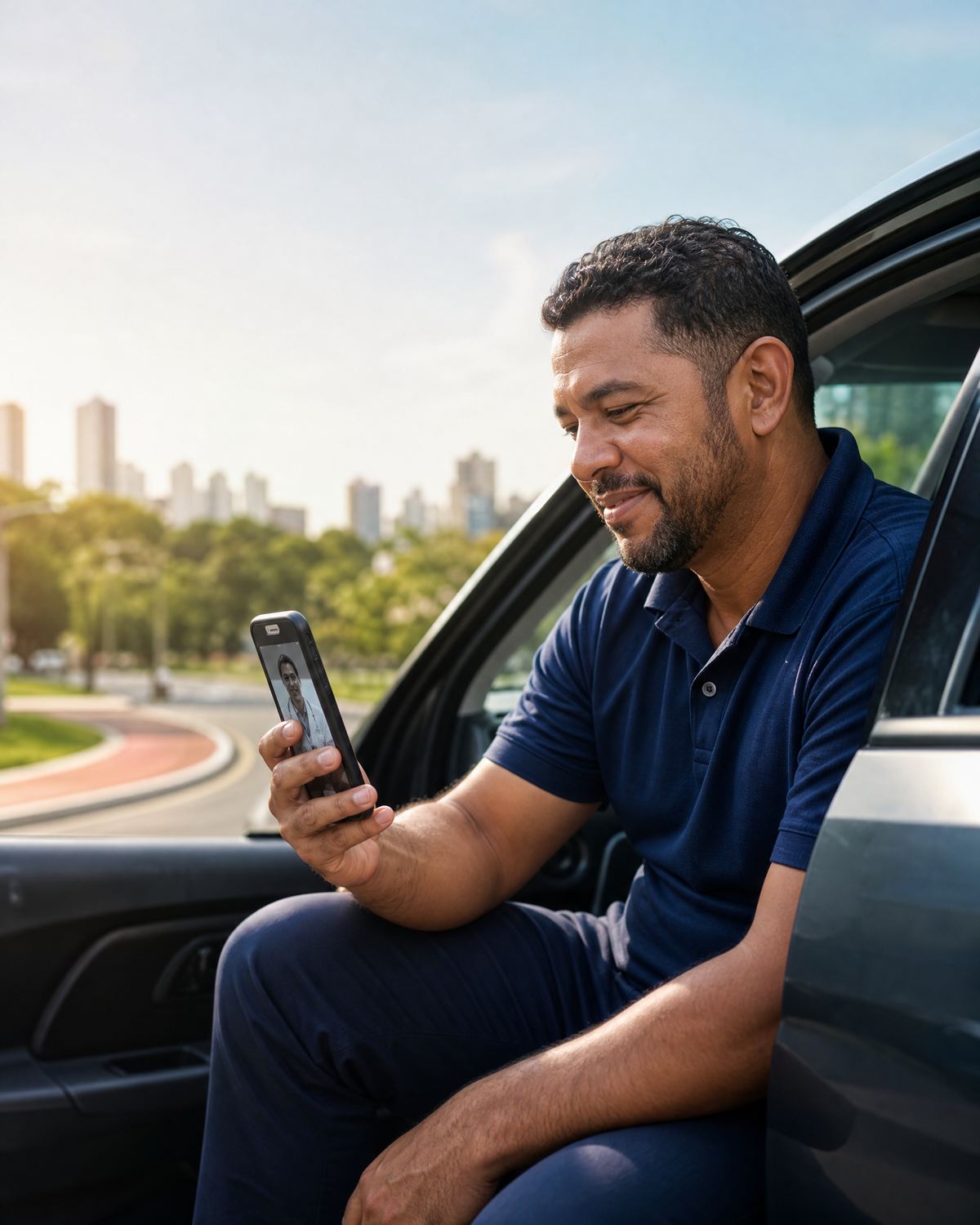 Motorista sentado à porta do carro, sorrindo enquanto usa o celular, com a cidade ao fundo