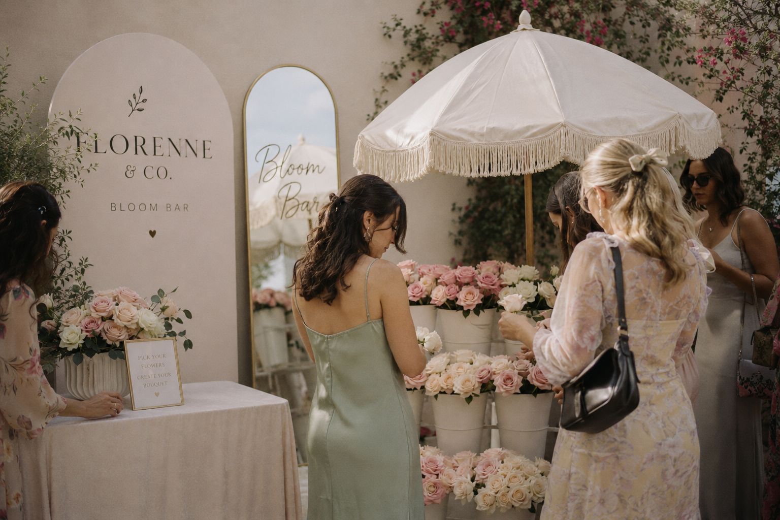 Guests in pastel dresses choosing blush and cream roses from a Florenne & Co. bloom bar set beneath a fringed cream umbrella